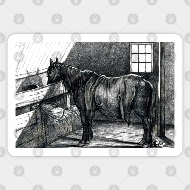 Jean Bernard's Standing Horse in a Stable Edited Black And White Sticker by TeachUrb